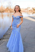 Lavender Off the Shoulder Tulle Appliques Mermaid Long Prom Dresses by Kissprom