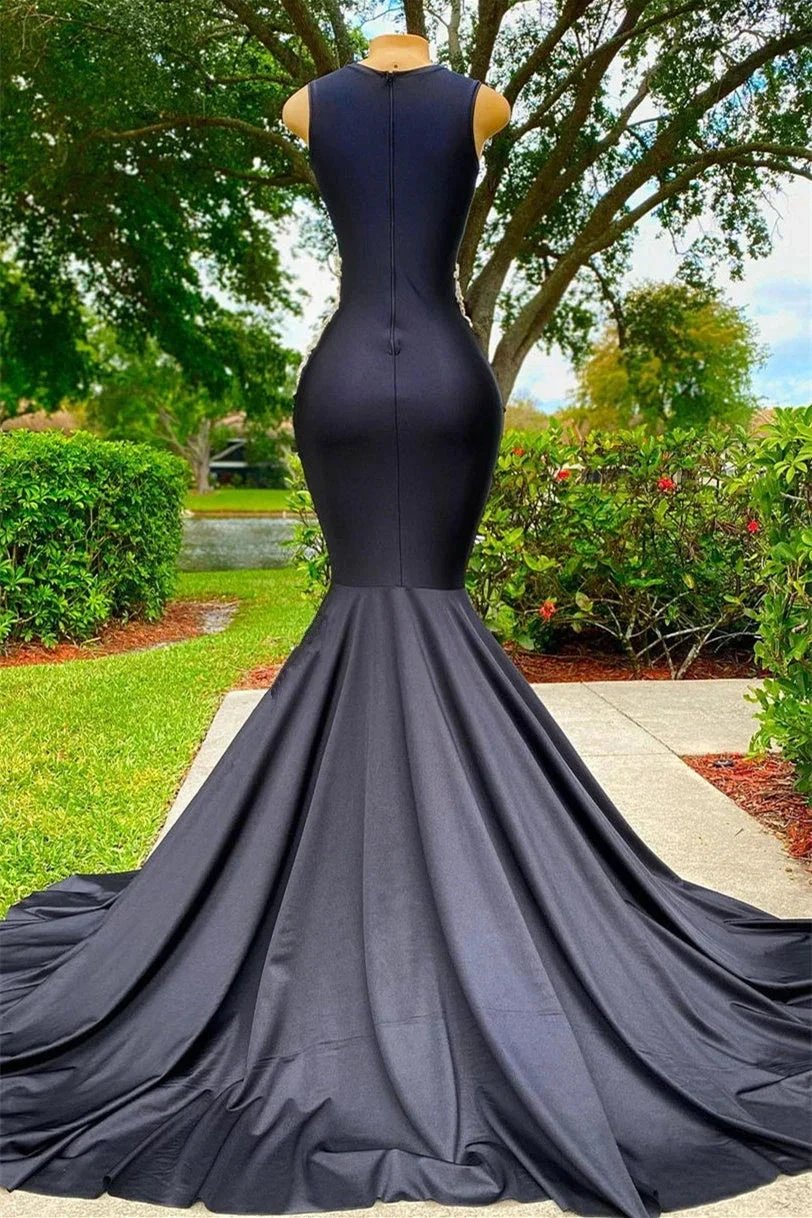 Black Long Sleeveless Strapless Satin Lace Appliques Mermaid Prom Dress by BIZTUNNEL