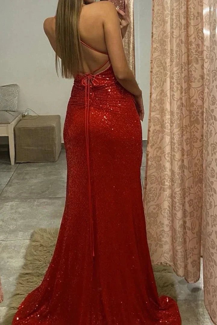 Ravishing Red Sequin Split Evening Gown with Spaghetti Straps by BIZTUNNEL