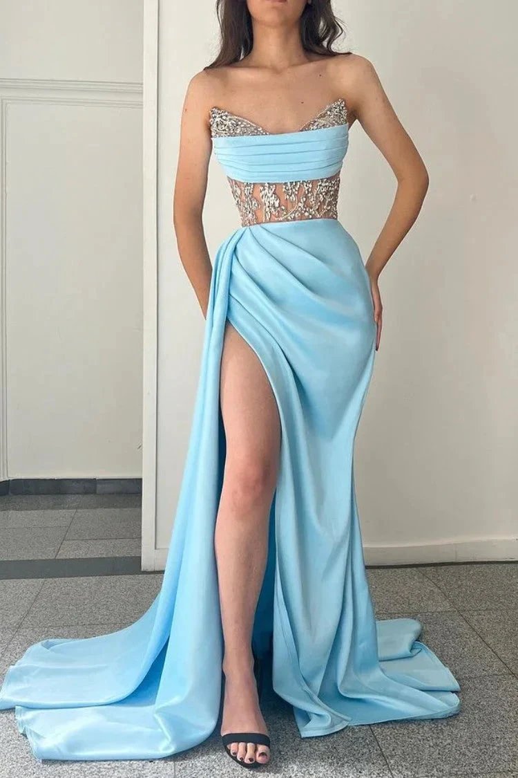 Sky Blue Long Strapless Beadings Mermaid Prom Dress With Split by BIZTUNNEL