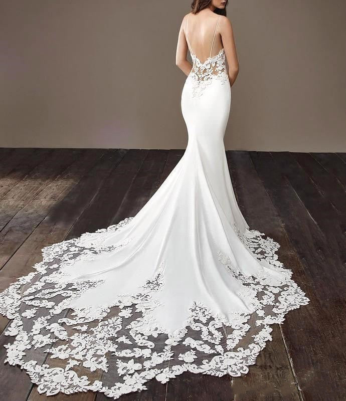 Bmbridal Spaghetti-Straps Lace Wedding Dress Mermaid Sleeveless