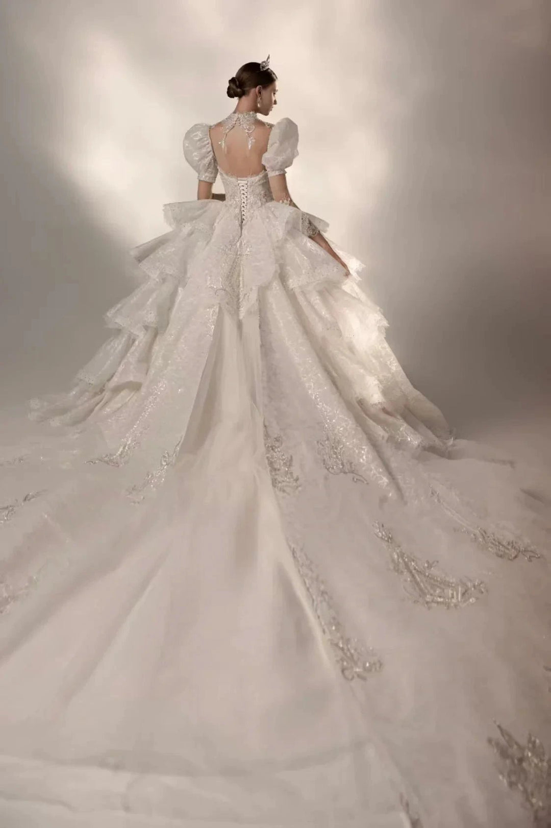 Regal High Neck Puff Sleeve Tulle Wedding Dress with Sequin Embroidery &amp; Layered Ruffle Train Q6020 by ZAPDRESS