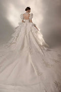 Regal High Neck Puff Sleeve Tulle Wedding Dress with Sequin Embroidery & Layered Ruffle Train Q6020 by ZAPDRESS