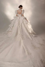 Regal High Neck Puff Sleeve Tulle Wedding Dress with Sequin Embroidery & Layered Ruffle Train Q6020 by ZAPDRESS