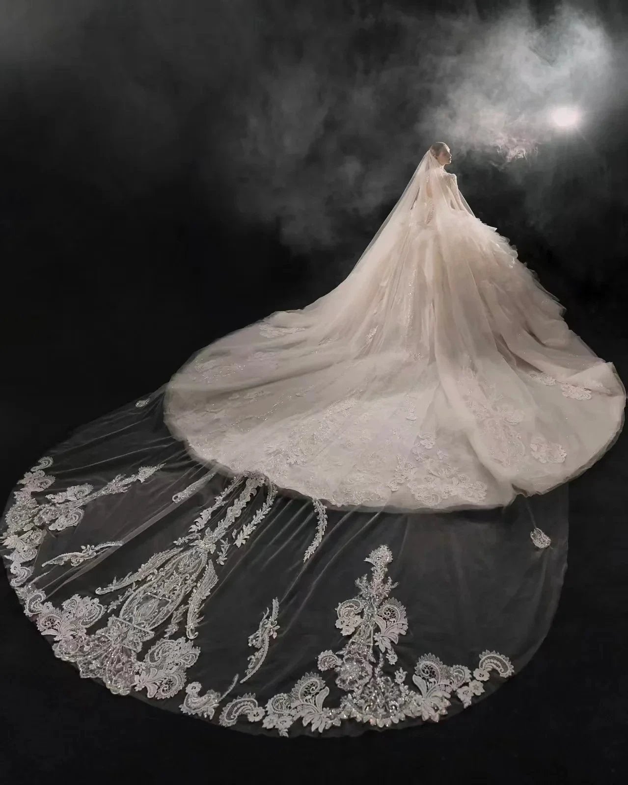 Luxurious V-Neck Ball Gown Long Lace Sleeve Beaded Embroidery Wedding Dress with Layered Ruffled Train E310 by ZAPDRESS