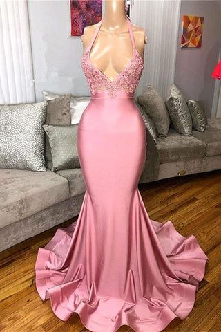 Rose Quartz Deep V-Neck Halter Mermaid Prom Dress with Lace Appliques