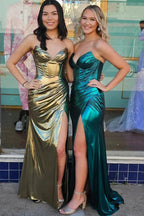 Mermaid Strapless Green Satin Long Prom Dresses with Slit by Kissprom
