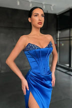 Royal Blue Long Mermaid Sweetheart Satin Prom Dress with Split by BIZTUNNEL