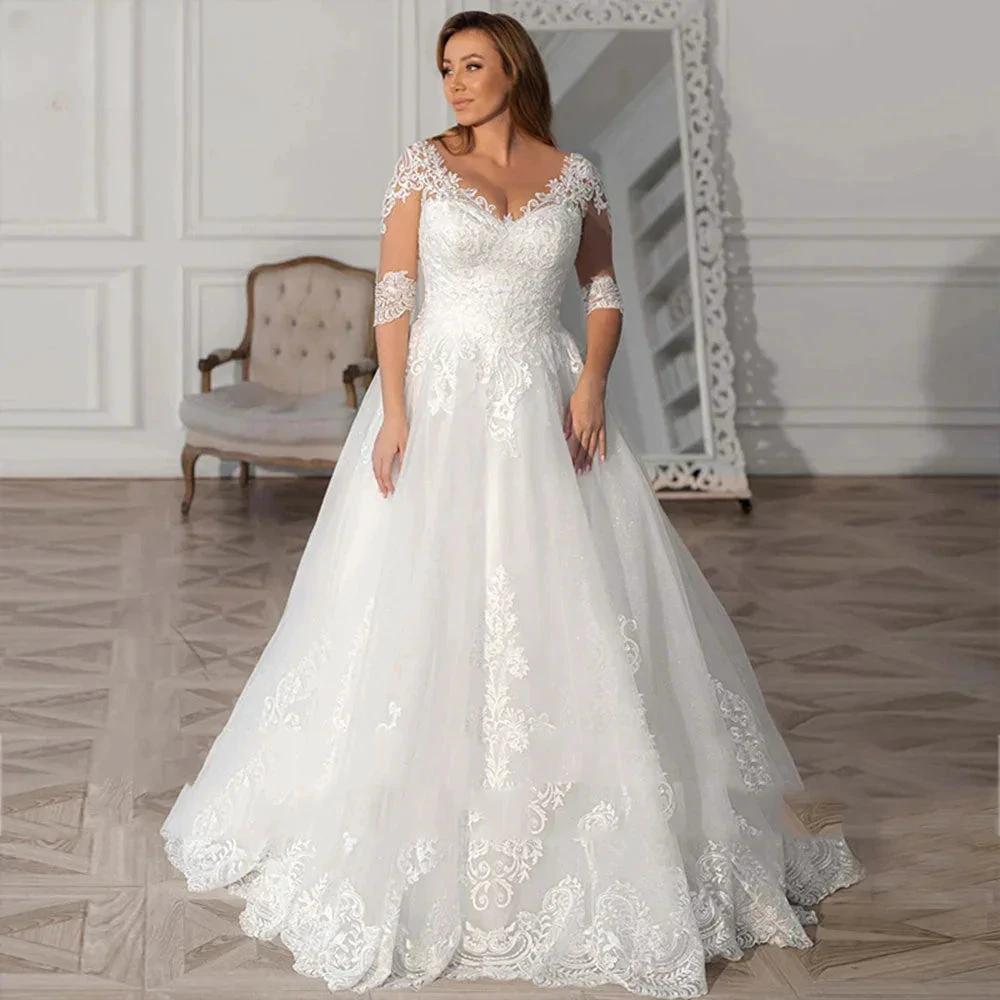 Simple A-Line Wedding Dresses Plus Size Women V-Neck Bride Gowns Half Sleeves Applique Vestido De Noiva Custom Made by payinti