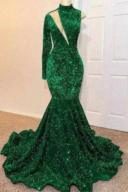 Sequined Green Mermaid Floor Length Prom Gown with High Neck and Long Sleeves by BIZTUNNEL