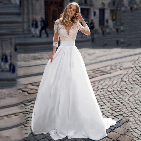 JEHETH Lace Appliques Wedding Dresses For Women Satin Elegant A Line Illusion Back With Button Bride Dress Vestidos de Novia