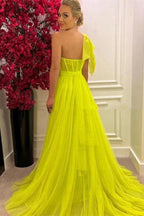 Stunning One Shoulder Tulle Long A-Line Prom Dresses with Slit by BIZTUNNEL