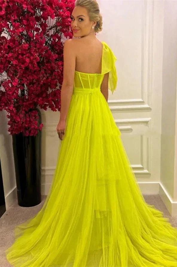 Stunning One Shoulder Tulle Long A-Line Prom Dresses with Slit by BIZTUNNEL
