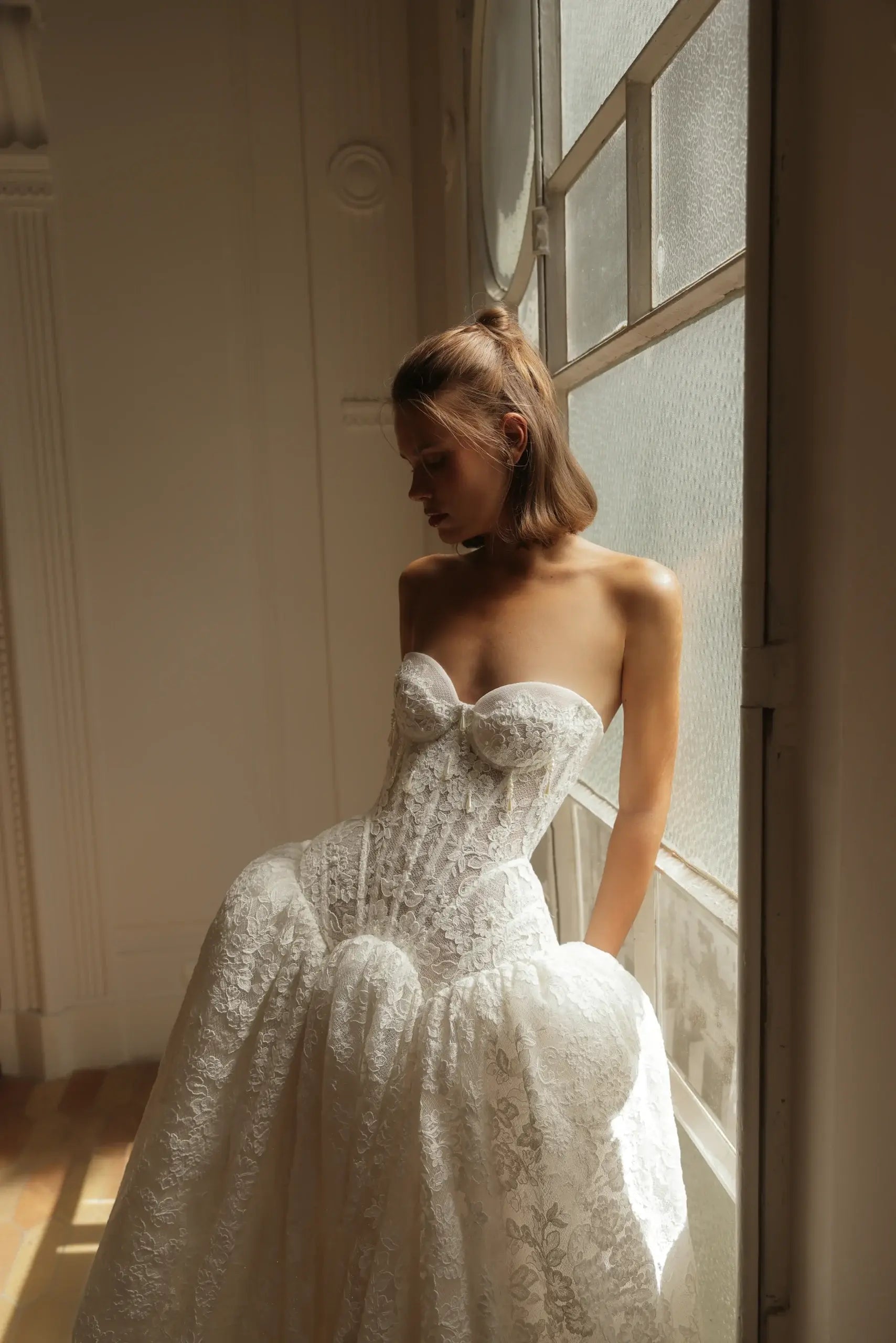 Bohemian Ivory Lace Strapless Ball Gown Wedding Dress SW193