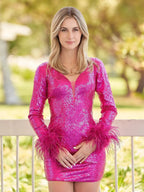 V Neck Hot Pink Sequins Short Tight Homecoming Dress by KissProm