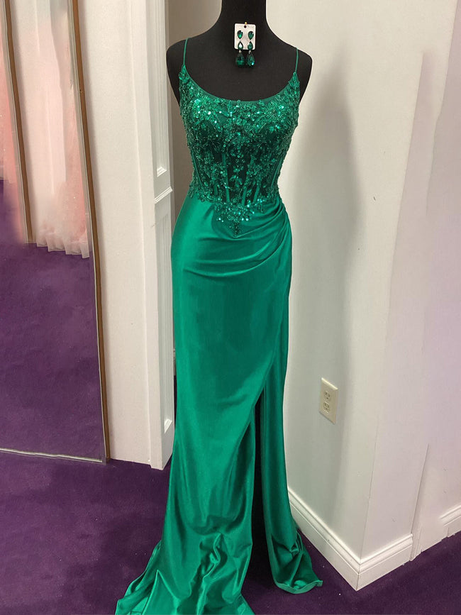 Dallas | Green Sheer Appliques Satin Mermaid Long Prom Dress Hover Image