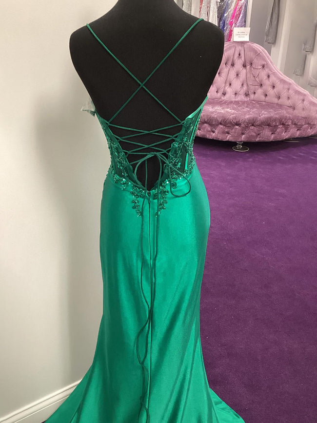Dallas | Green Sheer Appliques Satin Mermaid Long Prom Dress Main Image