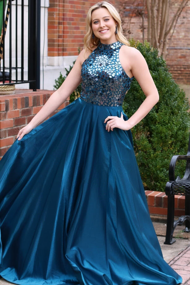 Dalley | Teal Cut Glass Mirror Halter Long Formal Dress Hover Image