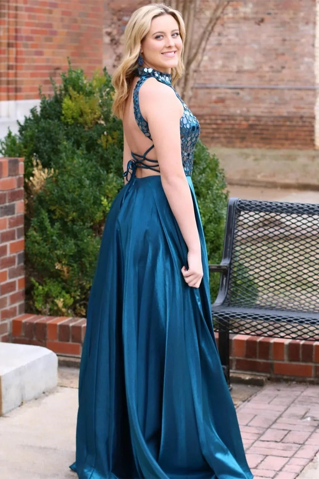 Dalley | Teal Cut Glass Mirror Halter Long Formal Dress by KissProm