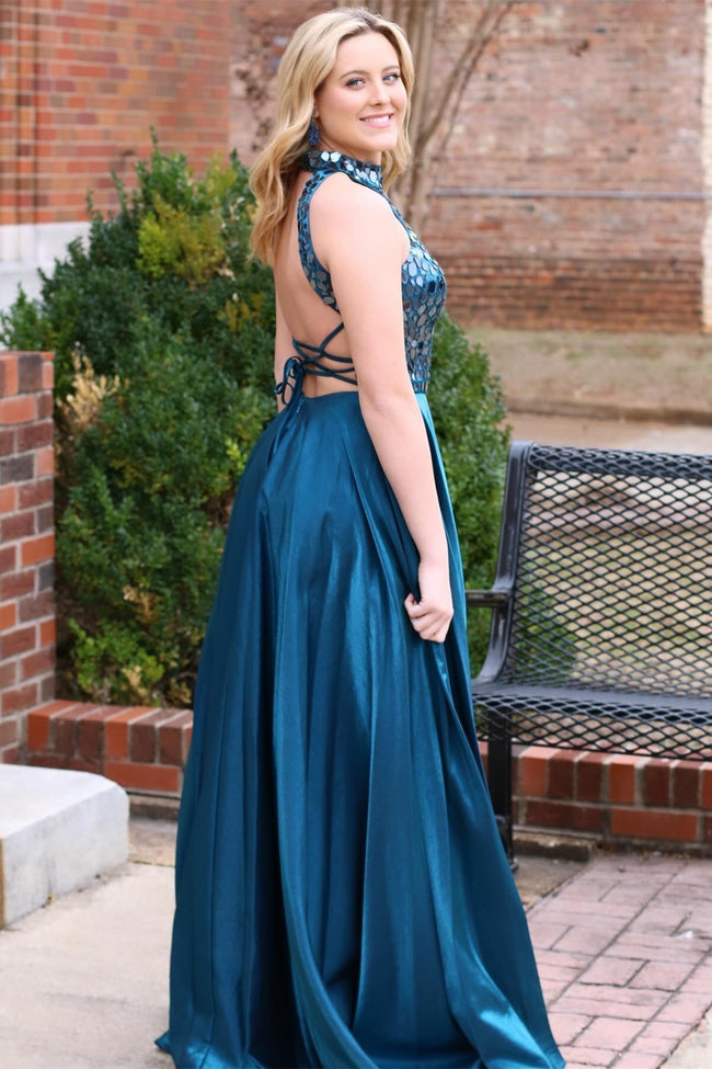 Dalley | Teal Cut Glass Mirror Halter Long Formal Dress Main Image