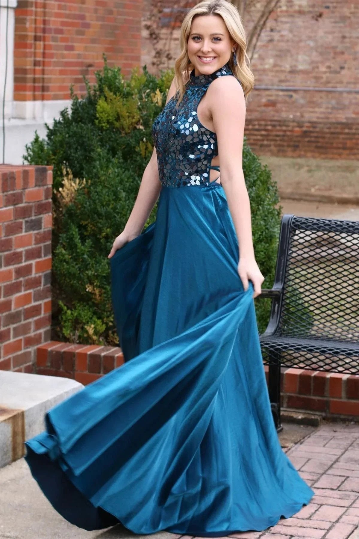 Dalley | Teal Cut Glass Mirror Halter Long Formal Dress by KissProm