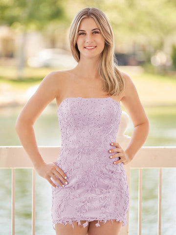 Pink Tight Short Lace Homecoming Dress with Appliques