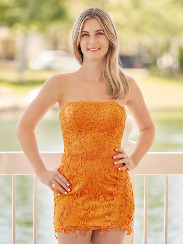 Pink Tight Short Lace Homecoming Dress with Appliques