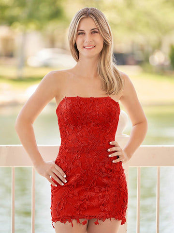 Pink Tight Short Lace Homecoming Dress with Appliques
