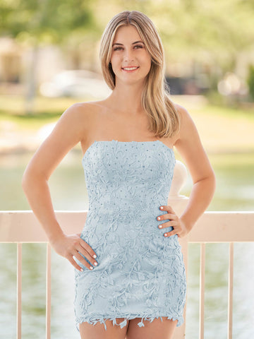 Pink Tight Short Lace Homecoming Dress with Appliques