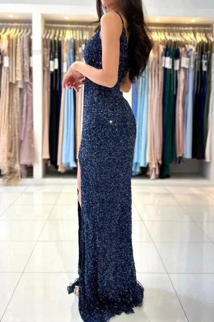 Dark Blue Long Glitter Spaghetti Straps V-neck Evening Dresses With Slit by misshow.com