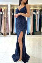 Dark Blue Long Glitter Spaghetti Straps V-neck Evening Dresses With Slit by misshow.com