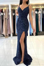 Dark Blue Long Glitter Spaghetti Straps V-neck Evening Dresses With Slit by misshow.com