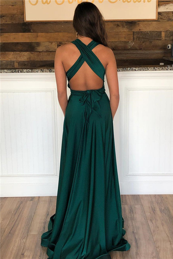 Dark Green Long A-Line Halter Open Back Prom Dress With Slit Main Image