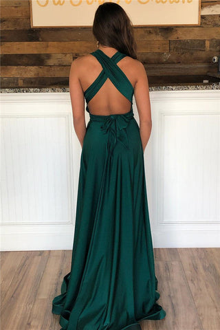Dunkelgrünes langes A-Linien-Neckholder-Ballkleid mit offenem Rücken und Schlitz