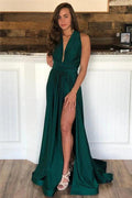 Dark Green Long A-Line Halter Open Back Prom Dress With Slit by BIZTUNNEL