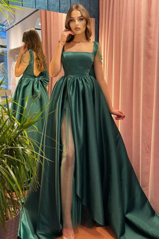 Vestido de fiesta largo verde oscuro de satén en forma de A con abertura frontal y espalda abierta con lazo
