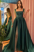 Dark Green Long A-line Satin Front Slit Open Back Prom Dress With Bow by BIZTUNNEL