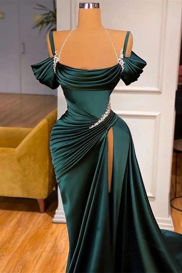 Dark Green Long Off-the-Shoulder Mermaid Prom Dress with Slit by BIZTUNNEL