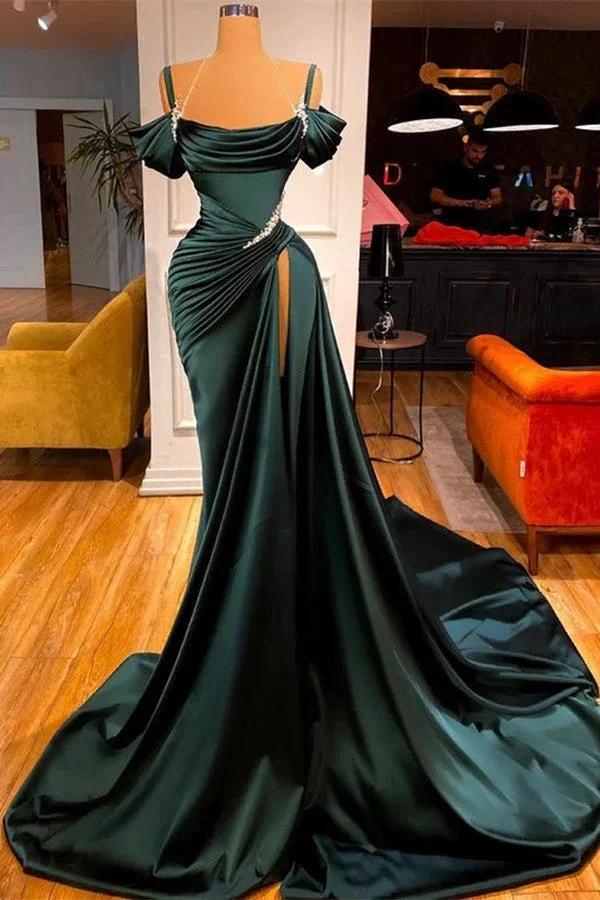 Dark Green Long Off-the-Shoulder Mermaid Prom Dress with Slit by BIZTUNNEL