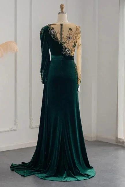 Dark Green Long Sleeves Jewel Mermaid Evening Dresses Prom Gowns With Ruffles