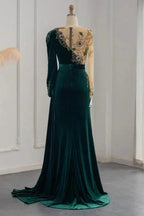 Dark Green Long Sleeves Jewel Mermaid Evening Dresses Prom Gowns With Ruffles