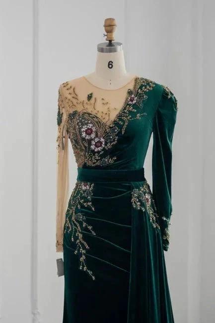 Robes de soirée sirène à manches longues vert foncé avec volants