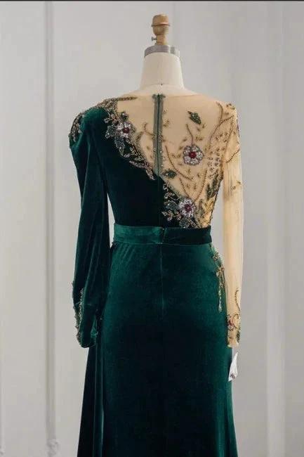 Robes de soirée sirène à manches longues vert foncé avec volants