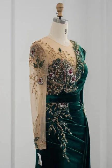 Robes de soirée sirène à manches longues vert foncé avec volants