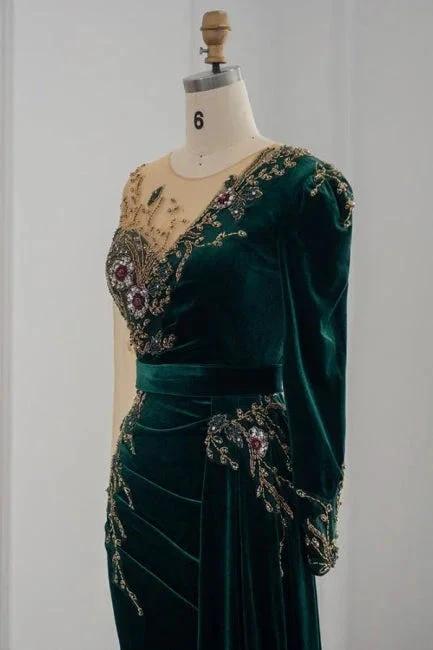 Robes de soirée sirène à manches longues vert foncé avec volants