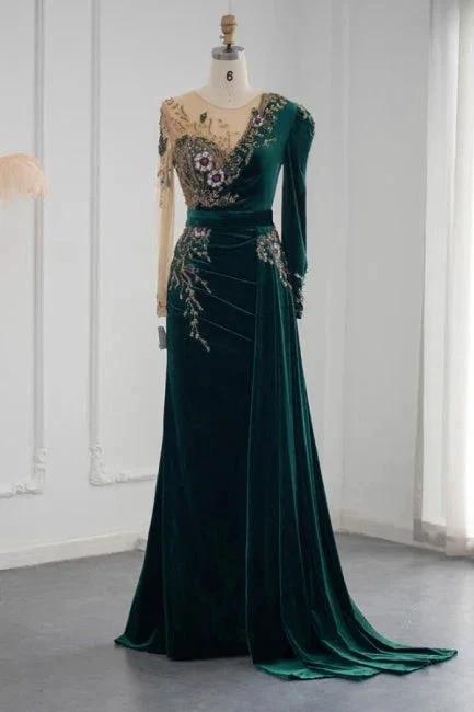 Robes de soirée sirène à manches longues vert foncé avec volants
