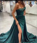 Dark Green Sequins Sleeveless Sweetheart Floor-length Split Front A-line Prom Dresses by misshow.com