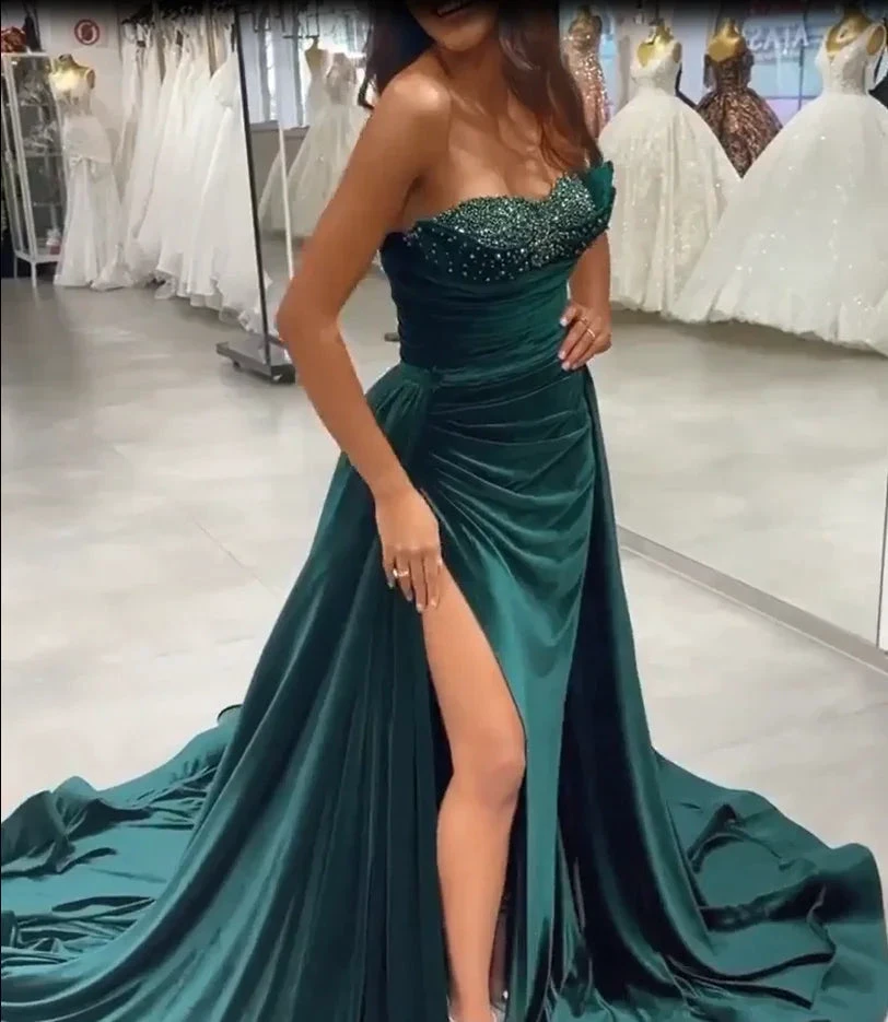 Dark Green Sequins Sleeveless Sweetheart Floor-length Split Front A-line Prom Dresses by misshow.com
