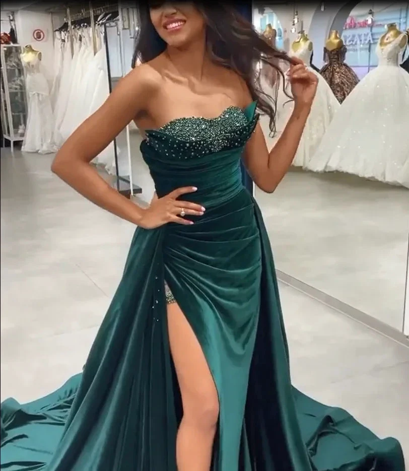 Dark Green Sequins Sleeveless Sweetheart Floor-length Split Front A-line Prom Dresses by misshow.com