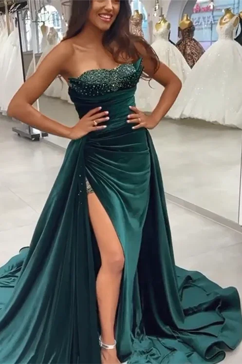 Dark Green Sequins Sleeveless Sweetheart Floor-length Split Front A-line Prom Dresses by misshow.com
